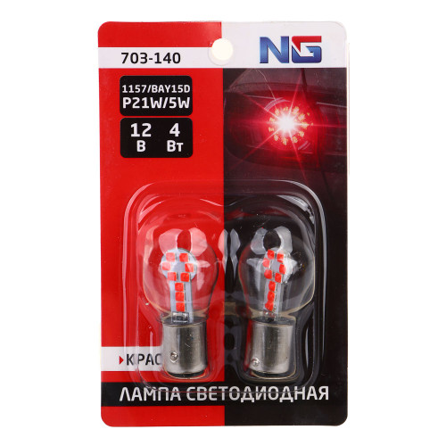 NG Лампа светодиодная T15, (18 SMD-3030,BAY15d), 12В,красный, 2 шт., блистер