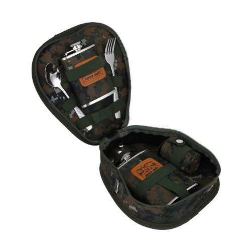 AZOR FISHING Набор походный, нерж.сталь,2 фляги,вилка,ложка,воронка и 4 стакана + чехол для стаканов