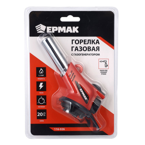 ЕРМАК Горелка газ. с пьезо, свободн. вращ., цанг. захват, шир. сопло, пласт.,латунь; 14х9х5см