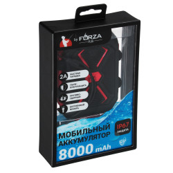 FORZA Аккумулятор мобильный 8000мАч, прорезин.,с пылевлагозащ. IP67, 2А, 1USB, фонарь,пластик