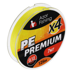 AZOR FISHING Леска плетеная, PE Премиум 4 нити, 125м, 0,12мм, 7,0кг, желтая