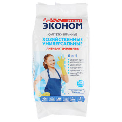 СМАРТ Салфетки влажные 80шт, универсальные антибактериальные для уборки Эконом 6 в 1, 80 шт.
