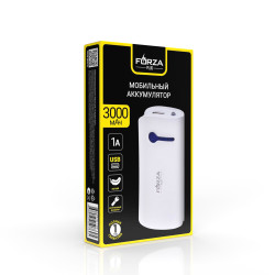 FORZA Аккумулятор мобильный, 3000 мАч, USB, 1А, фонарик, Белый