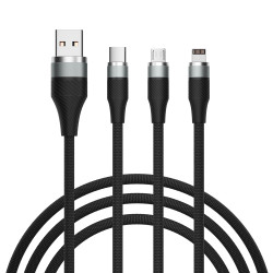 Рыжий Кабель для зарядки 3в1, iP/Micro USB/Type-C, 1.5м, 2.4А, тканевая оплётка, серый