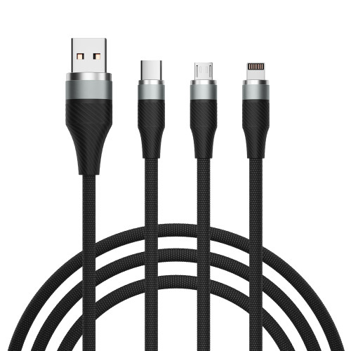 Рыжий Кабель для зарядки 3в1, iP/Micro USB/Type-C, 1.5м, 2.4А, тканевая оплётка, серый