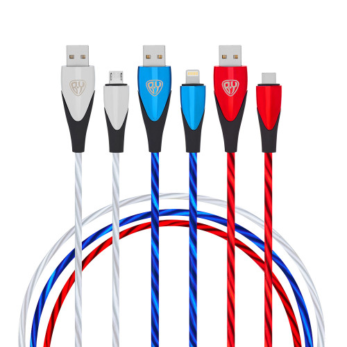 BY Набор кабелей для зарядки  Светящийся, iP/Micro USB/Type-C, 1м, 2.4А