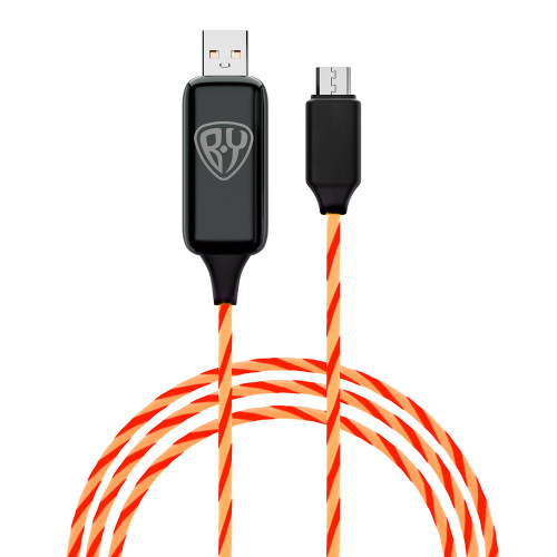 Рыжий Кабель для зарядки Светящийся Micro USB, 1м, 2.4А, Быстрая зарядка, LED подсветка оранжевая