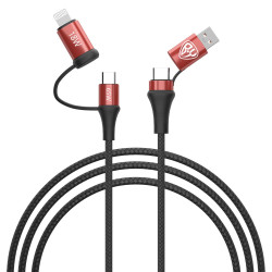 BY Кабель для зарядки 4 в 1 USB/Type-C - Type-C (65W)/iP (PD, 18W), 1м, Быстрая зарядка, красный