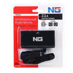 NG Разветвитель прикуривателя в авто, 2 гнезда, 2хUSB, 60 W, 2.1А, 12/24В, пластик