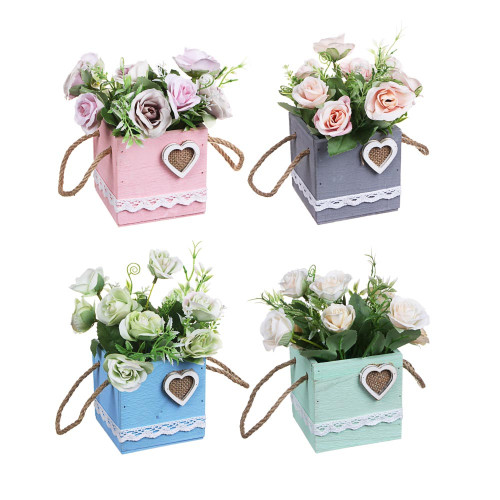 LADECOR Цветочная композиция в деревянном кашпо, с канатом, 4 цвета, 9,7х20 см