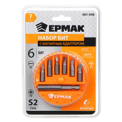 ЕРМАК Биты для шуруповерта, набор 7шт.,магнитный адаптер для бит, биты 25 мм, пластиковый кейс