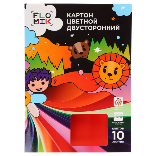 FLOMIK Картон цветной мелованный, 2-сторонний, 10л., 10цв., зол./сер., 19х27,5см, в папке, ПРЕМИУМ