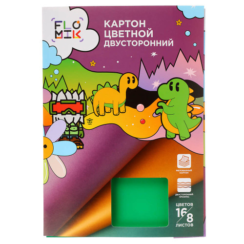 FLOMIK Картон цветной двусторонний мелованный, А4, 8л., 16цв. (вкл.золот. и серебр.), в папке