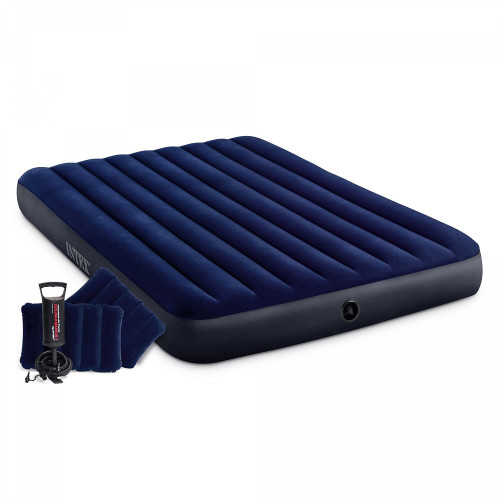 INTEX Кровать надувная Classic downy (Fiber tech) Квин, руч.насос, 2 подушки,1,52x2,03м x 25см,64765